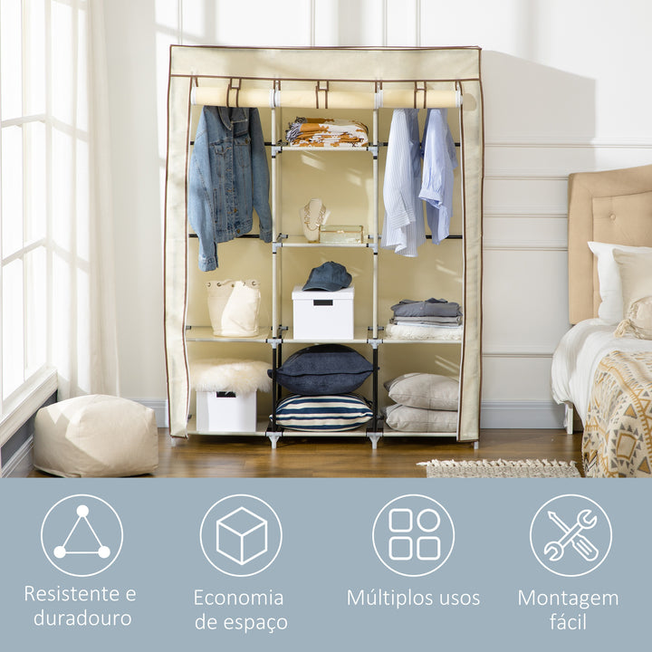 Roupeiro de Tecido Dobrável Armário Portátil com 8 Prateleiras de Armazenamento e 2 Barras de Pendurar Organizador de Roupa para Dormitório Vestidor 125x43x162,5cm Creme