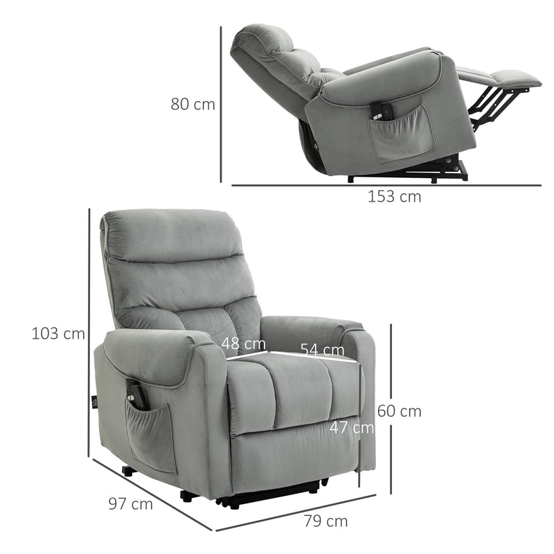 Poltrona de Massagem Relax Poltrona Levanta Pessoas com Reclinação Elétrica em até 135° com Controle Remoto e 8 Zonas de Massagem Estofado em Veludo e Acolchoada 79x97x103cm Cinza