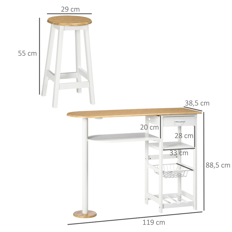 Conjunto de Mesa de Bar com 1 Gaveta 2 Prateleiras Cesta Removível e Suporte para Garrafas Mobiliário Alto com Mesa 119x38,5x88,5cm e 2 Bancos 29x29x55cm para Sala de Jantar Cozinha Branco