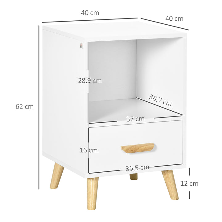 Mesa de Cabeceira Mesa Auxiliar Moderna com 1 Gaveta e Compartimento de Armazenamento para Dormitório Sala de Estar 40x40x62cm Branco e Madeira