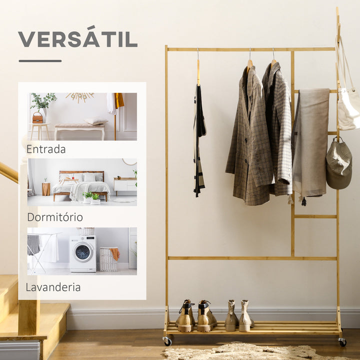 Suporte para Cabides de Bambu com Rodas Porta Cabides Multifuncional com 6 Ganchos Barra e Prateleira para Corredor Entrada Dormitório 100x37x191 cm Madeira