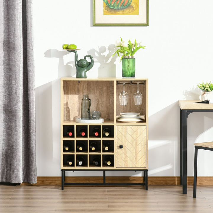 Aparador de Cozinha Armário com 1 Porta Prateleiras Abertas Suporte para 12 Garrafas e 6 Taças de Vinho para Sala de Jantar Bar Restaurante 76x35x97cm Madeira Natural