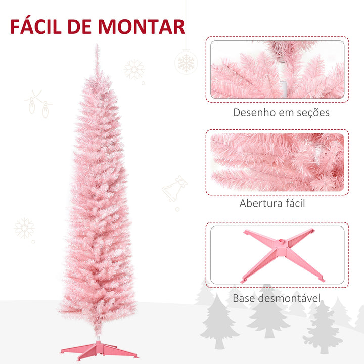 Árvore de Natal Artificial 180cm Ignífugo com 390 Ramos de PVC e Suporte de Metal Decoração de Natal para Interiores Fácil de Montar Rosa