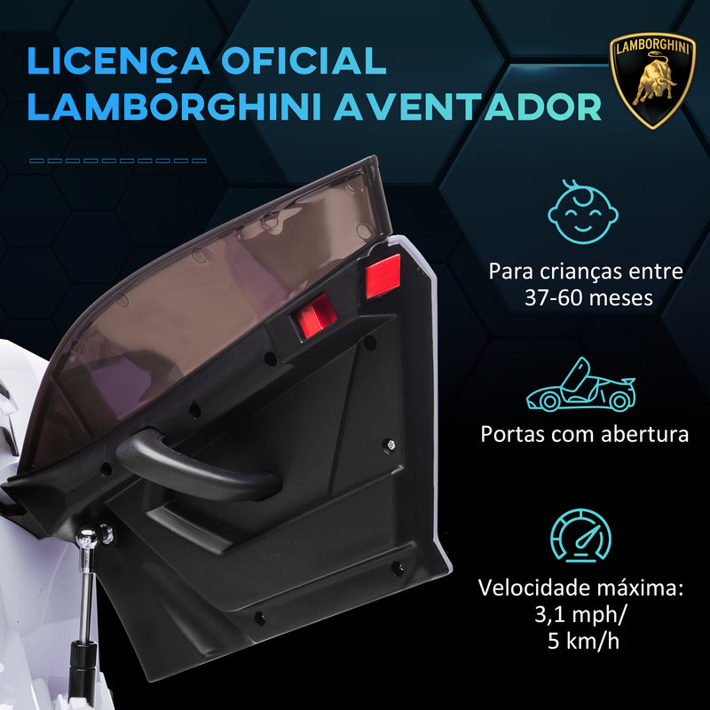 Carro Elétrico Lamborghini para Crianças de 37 a 60 Meses Carro Elétrico a Bateria 12V Velocidade Máxima 5km/h Controlo Remoto MP3 Luzes e Cinto de Segurança 107,5x63x42 cm Branco