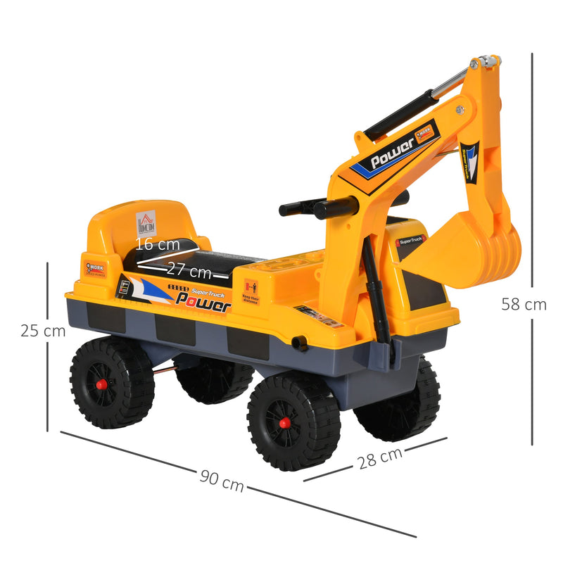 Escavadora Infantil sem Pedais para Crianças de 2-3 anos Carro Andador com Pá Pinça de Agarrar Luzes Música e Armazenamento Oculto 90x28x58cm Amarelo