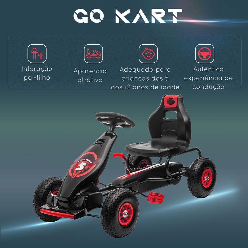 Kart a Pedais para Crianças 5-12 Anos Kart a Pedais Infantil com Assento Ajustável Pneus Insufláveis Amortecimento e Travão de Mão Carga Máx. 50kg 121x58x61cm Vermelho