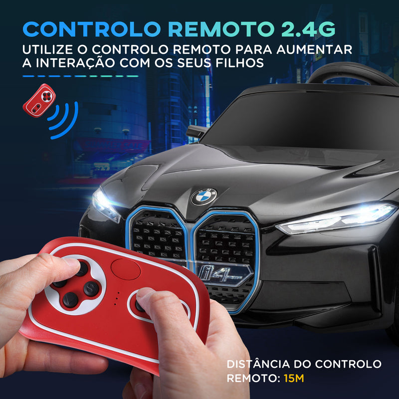 Carro Elétrico para Crianças 37-72 Meses com Licença BMW i4 Carro a Bateria 12V com Controlo Remoto Música MP3 Ecrã Luzes e Cinto de Segurança 115x67x45 cm Preto