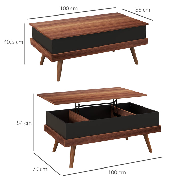 Mesa de Centro Elevatória Mesa de Centro Sala de Estar com 3 Compartimentos de Armazenamento Ocultos e Pés de Madeira para Escritório Dormitório 100x79x54 cm Marrom e Preto