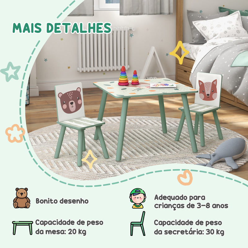 Conjunto de Mesa e Cadeiras para Crianças de 3 Peças Mesa Infantil com 2 Cadeiras Conjunto de Móveis para Atividades com Crianças de 3-8 Anos para Dormitório Sala de Jogos Verde