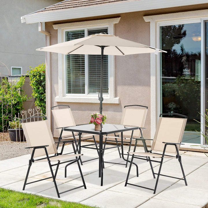 Conjunto de Móveis de Jardim com 4 Cadeiras Dobráveis Mesa de Jardim de Vidro e Chapéu de Sol Inclinável Proteção Solar para Pátio Terraço Exterior 80x80x70cm Bege