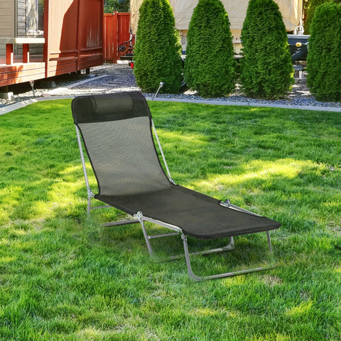 Espreguiçadeira dobrável e reclinável de jardim com apoio de cabeça e encosto ajustável em 5 níveis Tecido textilene respirável 182x56x24,5 cm preto