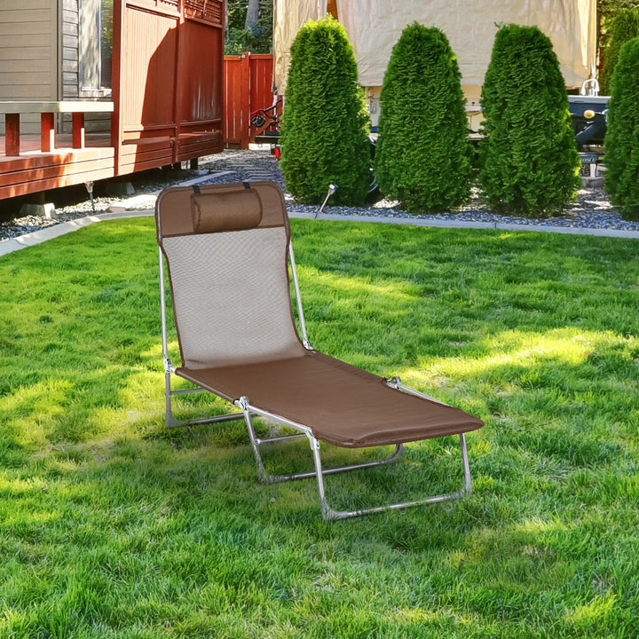 Espreguiçadeira dobrável e reclinável de jardim com apoio de cabeça e encosto ajustável em 5 níveis Tecido textilene respirável 182x56x24,5 cm marrom