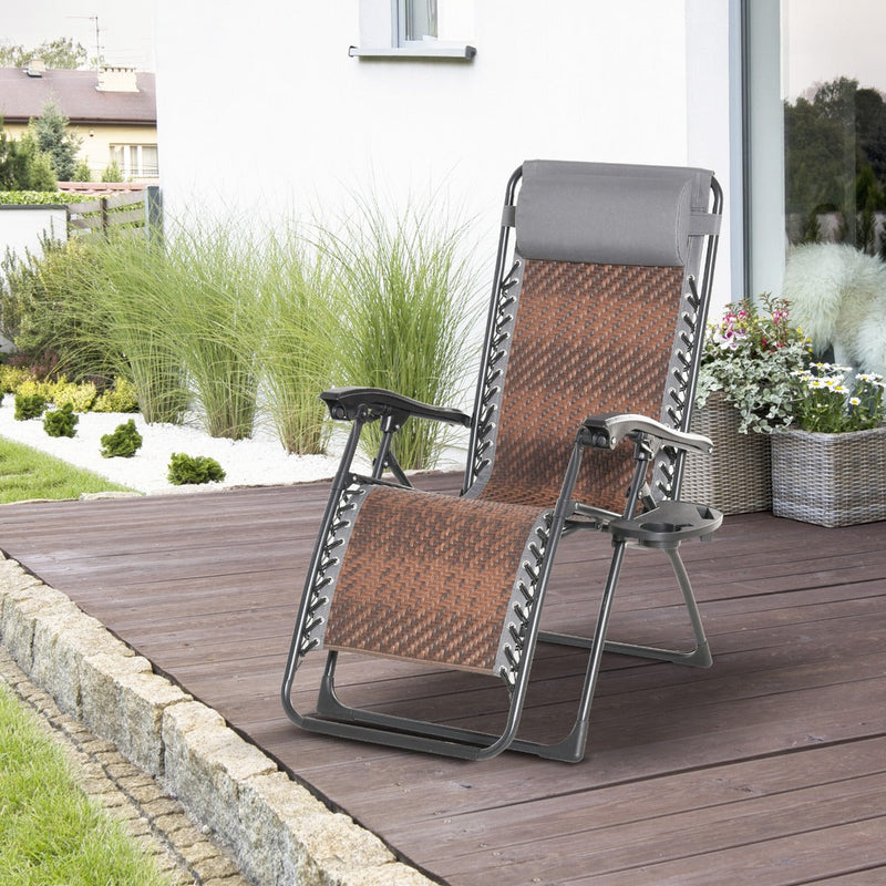 Espreguiçadeira dobrável de vime com encosto ajustável Apoio de cabeça removível Suporte para copos e telefone para Jardim Terraço 65x70x110 cm marrom