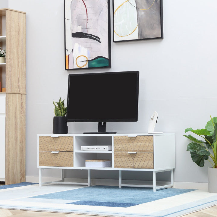 Móvel de TV de até 47 Polegadas Móvel de Sala de Estar Moderno com 4 Gavetas 2 Prateleiras Abertas e Orifício Passa Cabos 120x39x48cm Branco e Carvalho