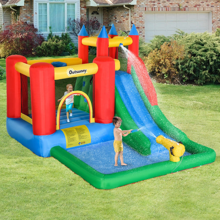 Castelo Insuflável com Escorrega Trampolim Piscina e Pistola de Água para Crianças acima de 3 Anos com Inflador e Bolsa de Transporte para Interior Exterior 330x245x215cm Multicor