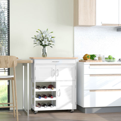 Carrinho de Cozinha com Rodas Carrinho de Cozinha com Gaveta 2 Armários de Armazenamento e 3 Prateleiras Abertas para 9 Garrafas para Sala de Jantar 67x37x87cm Branco
