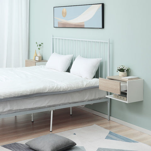 Conjunto de 2 mesinhas de cabeceira flutuantes de madeira com 1 gaveta e prateleira aberta Desenho moderno montado na parede 46x30x30 cm Carvalho e branco