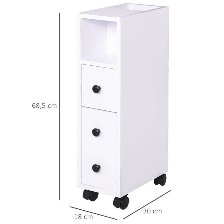 Armário de Casa de Banho Móvel Auxiliar para Espaço Reduzido com Rodas Prateleiras Abertas Armário e Gaveta 18x30x68,5cm Branco