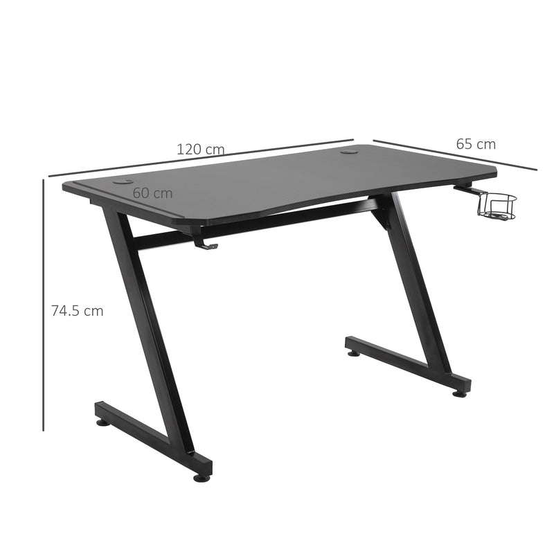 Secretária tipo gaming mesa de escritório com suporte para copos gancho e pés ajustáveis ??120x65x74,5 cm preto