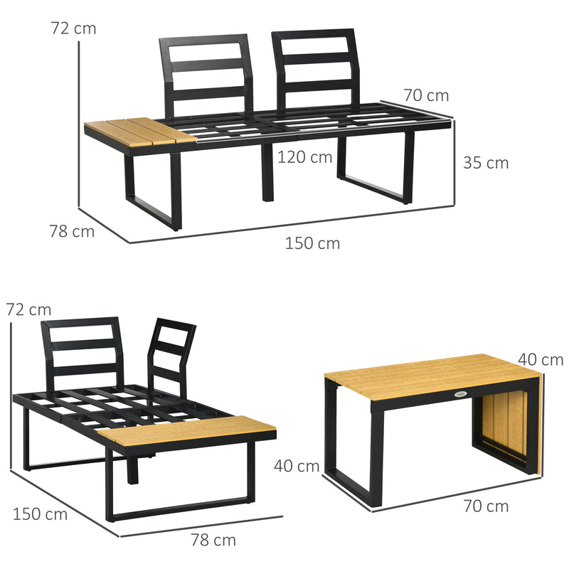 Conjunto Móveis de Jardim de Alumínio 3 Peças Conjunto de Móveis de Exterior Inclui 2 Sofás com Almofadas Mesa de Centro e Painel Lateral para Varanda Cinza e Madeira