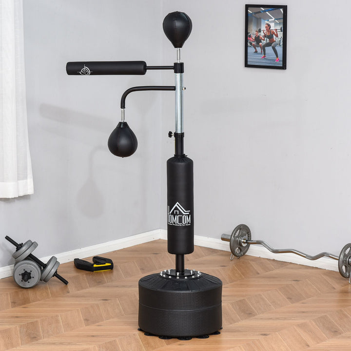 Saco de Boxe de Pé com Altura Ajustável com 2 Bolas de Velocidade Barra Giratória 360° e Base Preenchida com Água ou Areia Punching Ball para Adultos 88x50x160-230cm Preto