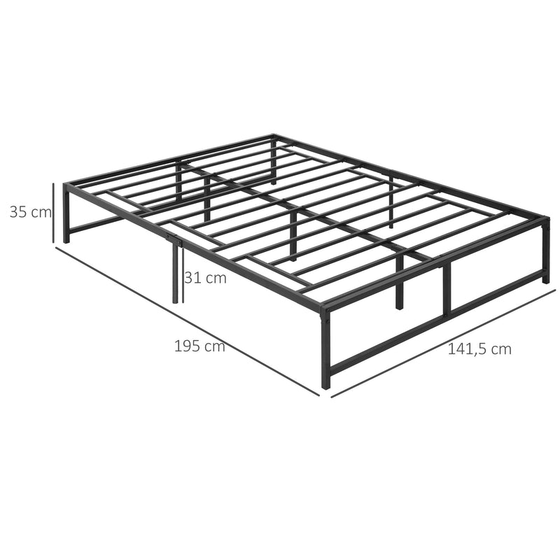 Estrutura de Cama Dupla de Metal para Colchão 135x190cm com Pés de 35cm Estrutura de Cama de Casal com Espaço em Baixo de Armazenamento 141,5x195x35cm Preto