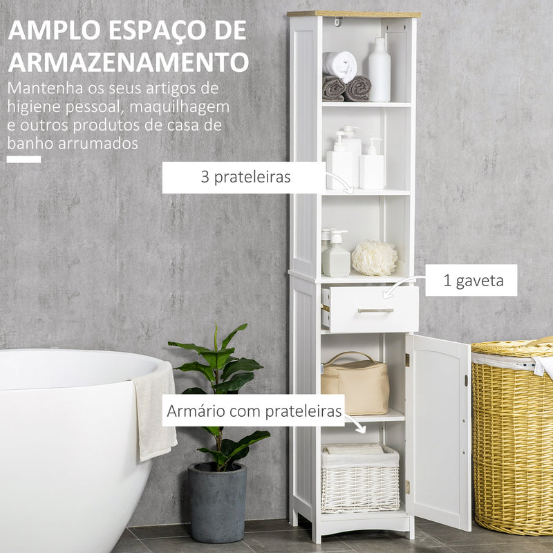 Coluna para Casa de Banho com 1 Gaveta 1 Porta 3 Prateleiras Abertas e Prateleira Interior Ajustável Móvel Auxiliar de Armazenamento para Sala de Estar Casa de Banho Dormitório 34x30x163cm Branco