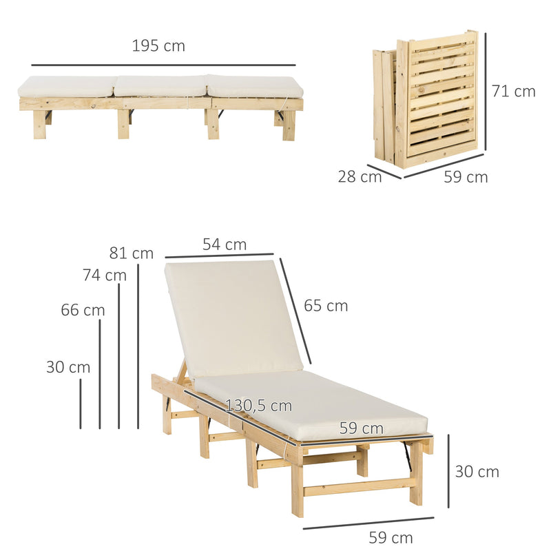 Espreguiçadeira de Madeira Dobrável com Encosto Ajustável em 4 Posições Almofada Removível Carga Máxima 113kg para Jardim Terraço Campismo Exterior 195x59x30cm Madeira e Creme