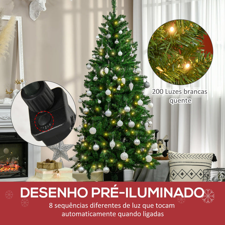 Árvore de Natal Artificial Altura 180cm Ignífugo com 714 Ramos 200 Luzes LED IPX2 8 Modos Folhas de PVC Base Dobrável e Suporte Metálico Decoração de Natal para Interiores Verde