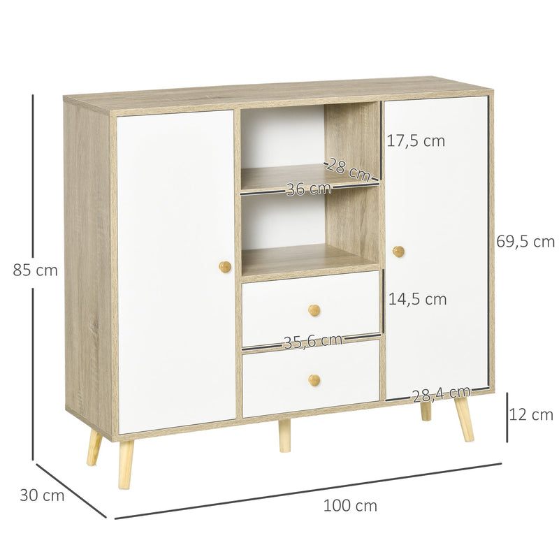 Aparador de Sala de Estar com 2 Portas 2 Gavetas e 2 Prateleiras Abertas Móvel Auxiliar de Armazenamento para Cozinha Entrada 100x30x85cm Branco e Natural