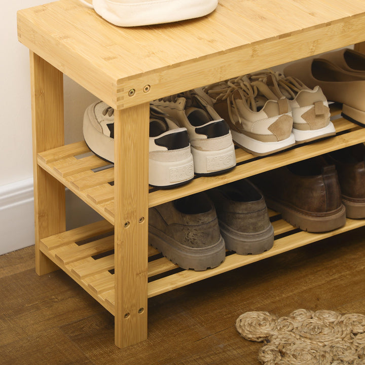 Banco Sapateira de Bambu Sapateira com Assento Organizador de Sapatos com 2 Prateleiras para 6-9 Pares de Sapatos para Entrada Sala de Estar Dormitório 70x28x45 cm Madeira