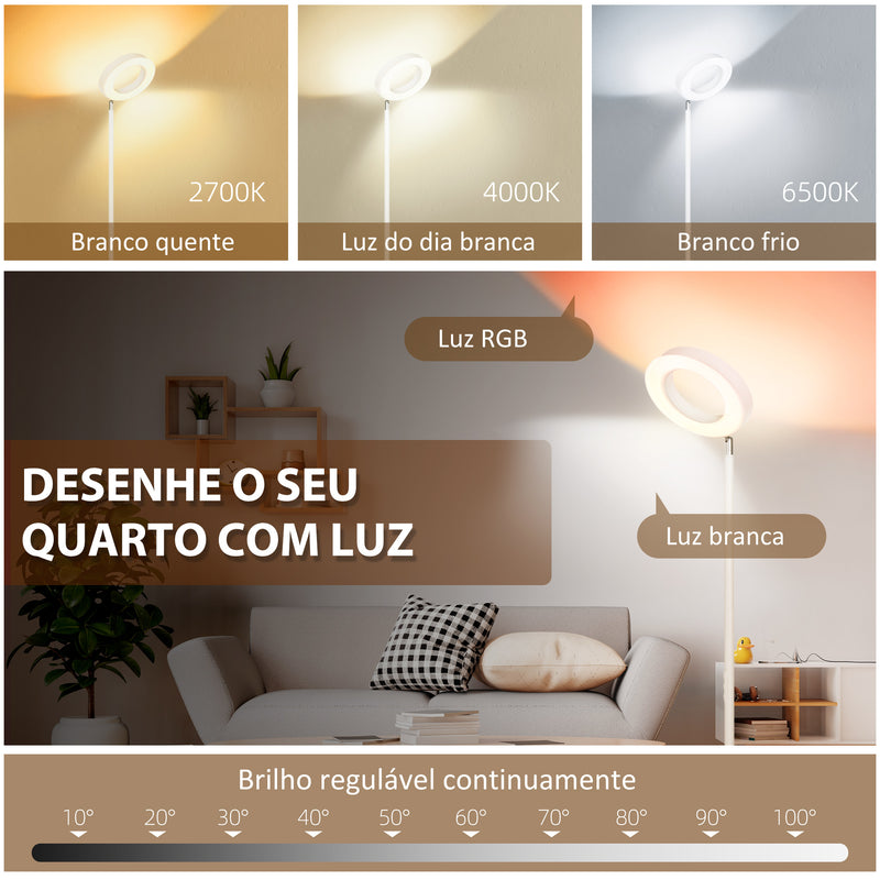 Candeeiro de Pé Inteligente com WiFi Candeeiro Moderno com LED Ajustável RGBCW Funciona com Alexa Assistente Google Ecrã Giratório 350° para Sala de Estar Dormitório Ø25x168cm Branco