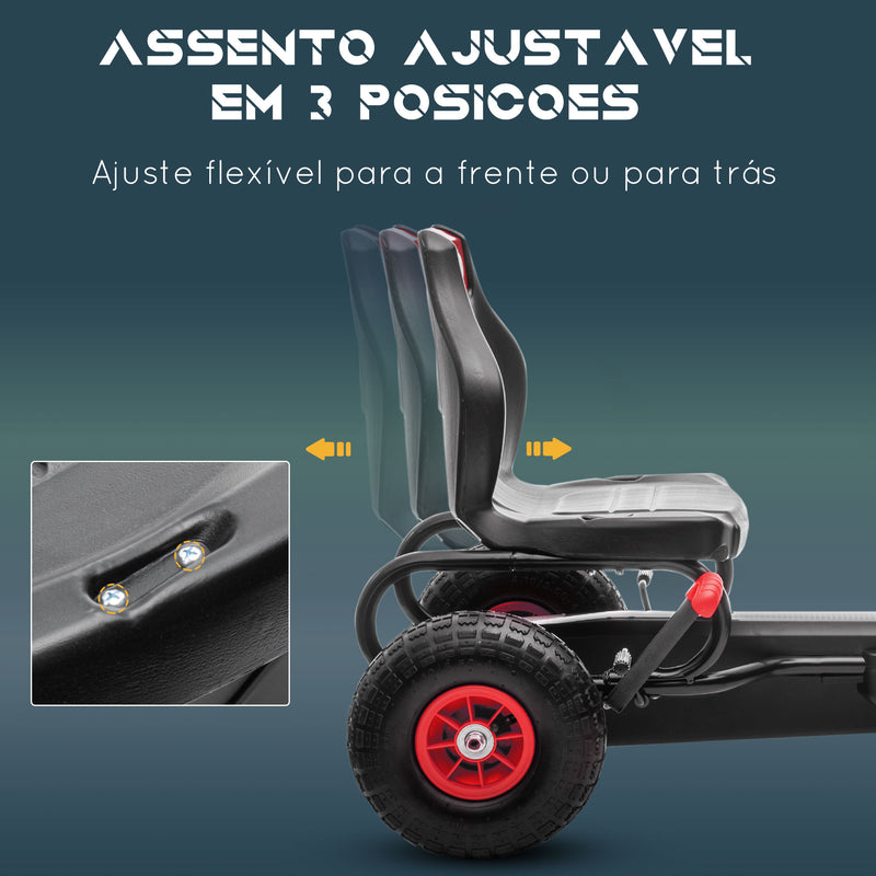 Kart a Pedais para Crianças 5-12 Anos Kart a Pedais Infantil com Assento Ajustável Pneus Insufláveis Amortecimento e Travão de Mão Carga Máx. 50kg 121x58x61cm Vermelho