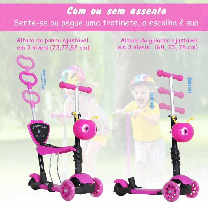 5 em 1 trotinete para crianças de acima de 1 ano 3 rodas trotinete com assento removível guiador ajustável 62x25x72,5 cm Rosa