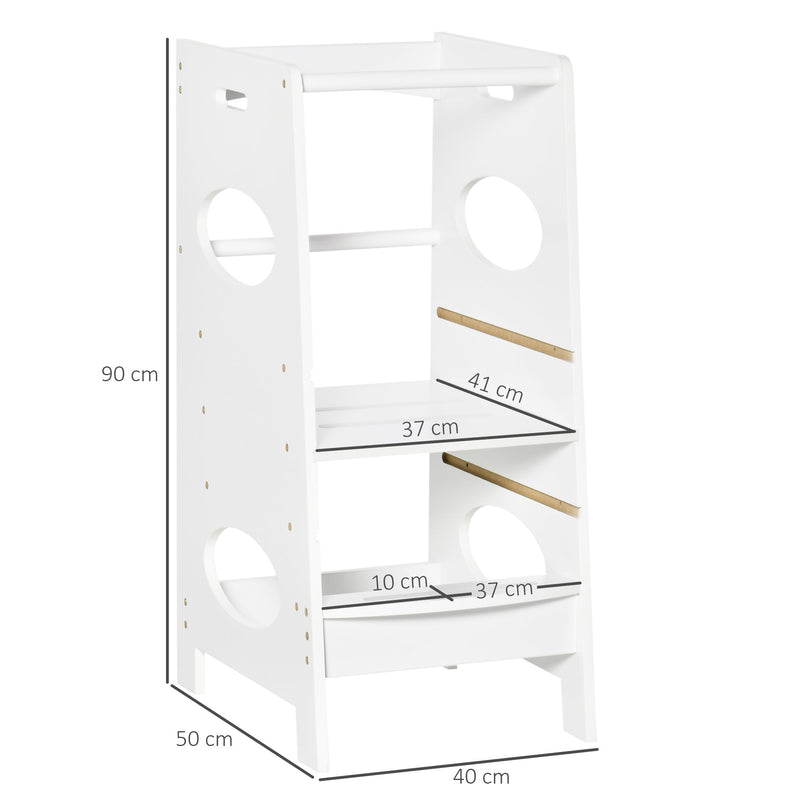 Torre de Aprendizagem de Madeira para Crianças Torre de Aprendizagem Infantil com Altura Ajustável em 3 Posições e Barra de Segurança 40x50x90cm Branco