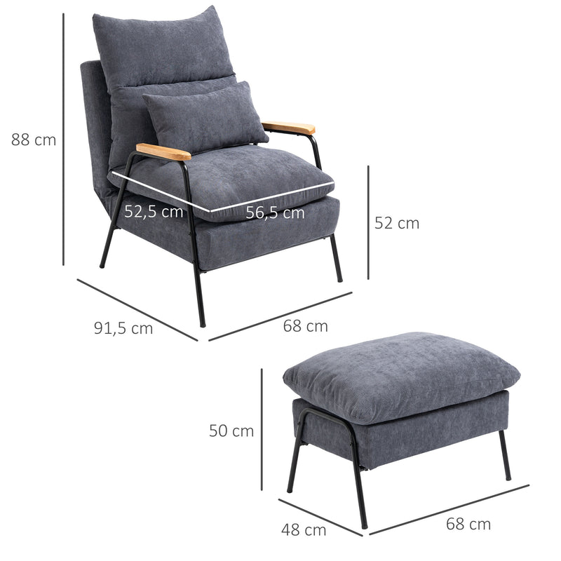 Poltrona Relax com Apoio para os Pés Poltrona Reclinável com Encosto Ajustável Estofada em Veludo Estrutura de Aço e Almofadas para Sala de Estar Dormitório 68x91,5x88cm Cinza