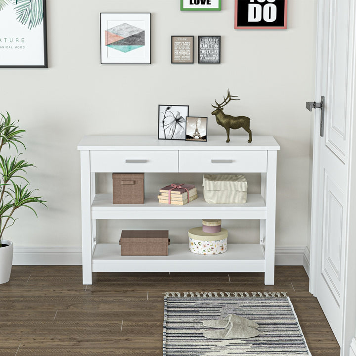 Mesa consola tipo aparador de estilo moderno com 2 gavetas e prateleiras inferiores 105x40x76 cm Branco