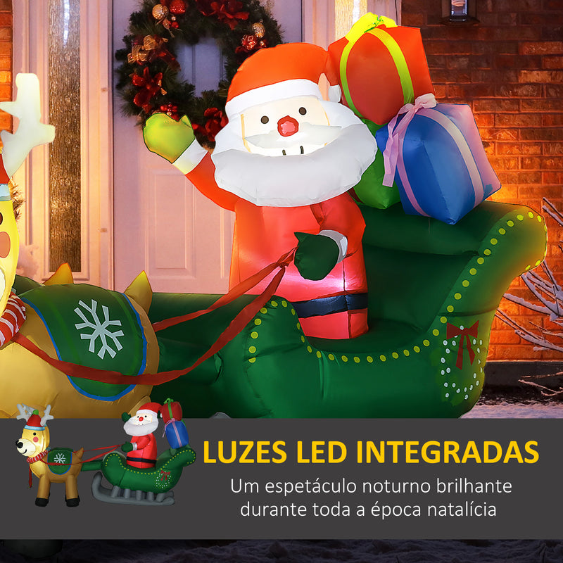 Decoração Insuflável de Natal Pai Natal com Trenó e 2 Renas Decoração de Natal com 4 Luzes LED para Jardim Pátio 210x70x125 cm Multicor