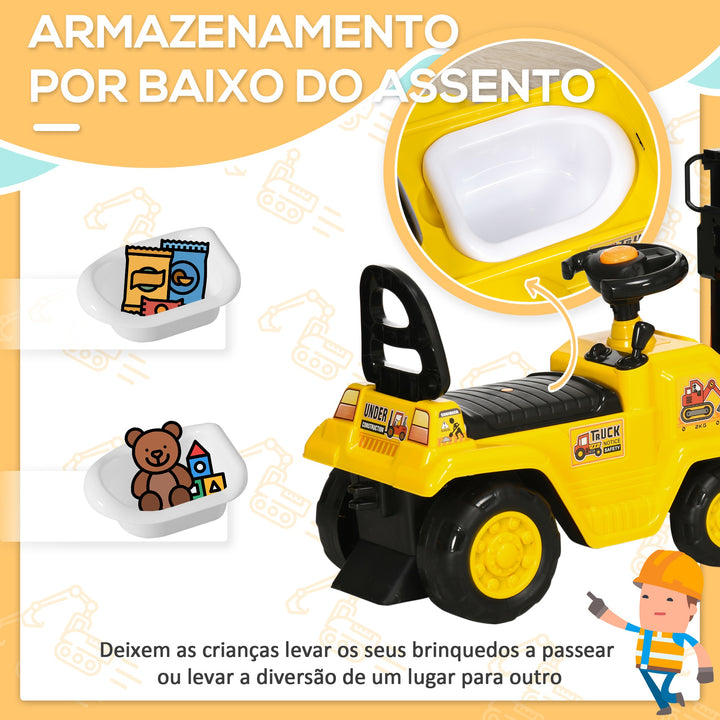 Carro Andador para Crianças acima de 3 Anos Empilhadeira Elevatória de Brinquedo com Forquilha Móvel Buzina e Assento com Armazenamento Oculto Carga Máxima 30kg 86x27,5x47,5cm Amarelo