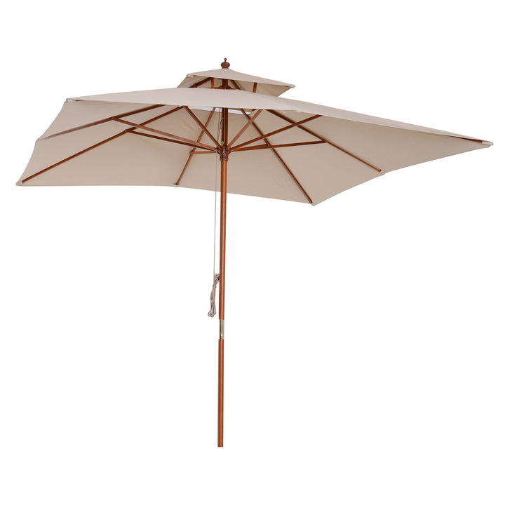 Guarda-sol 3x3 m de Bambu Madeira para Jardim Terraço Pátio Praia Tecto Duplo Rectângulo Poste de 48mm Creme