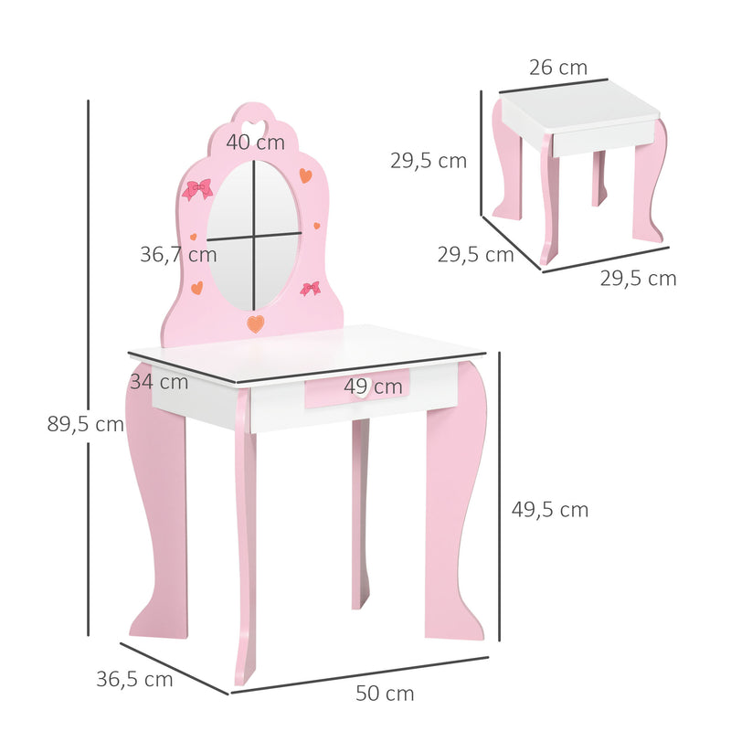 Toucador Infantil com Banco e Espelho Toucador Infantil de Madeira com Gaveta Mesa de Maquilhagem para Crianças entre 3-6 Anos 50x36,5x89,5cm Rosa