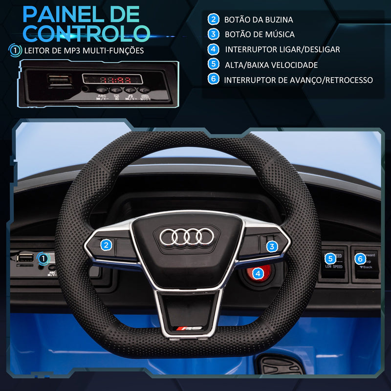 Carro Elétrico AUDI RS E-Tron GT para Crianças de 3-6 Anos Carro de Bateria 12V com 2 Motores Controlo Remoto Faróis LED Buzina Música USB e Abertura de Porta 3-5km/h 103x58x41cm Azul