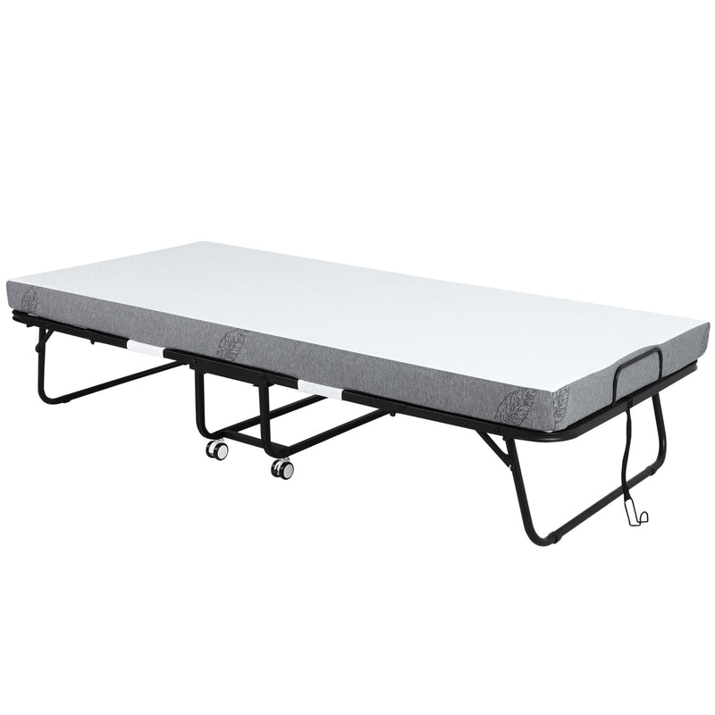 Cama Dobrável 200x90x42,5cm Cama de Campismo Portátil com Colchão Individual Rodas e Freios Carga Máxima 150kg para Dormitórios Branco