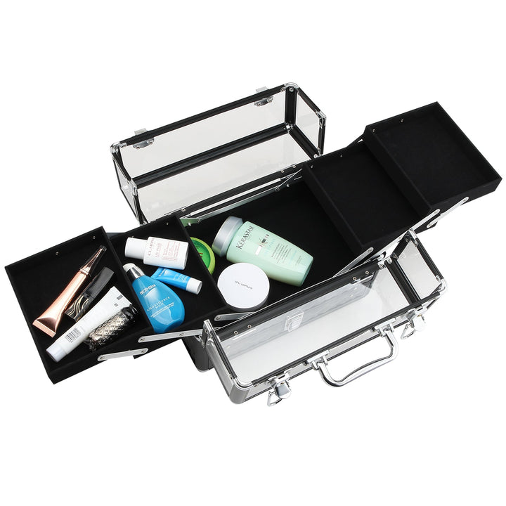 Estojo de maquiagem ou jóias Organizador de cosméticos portátil Com alça e bandejas 30x18,5x22 cm cor Transparente e preto