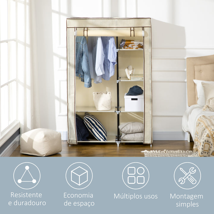 Roupeiro de Tecido Dobrável Armário de Roupa Portátil com 6 Prateleiras e 1 Barra de Pendurar para Dormitório Vestidor 103x43x162,5cm Creme