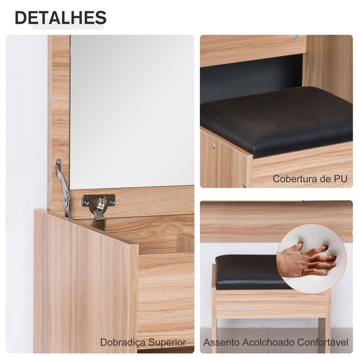 Comoda com Banquinho Espelho Tampa Dobrável Mesa para Maquilhagem 3 Caixas e 1 Gaveta