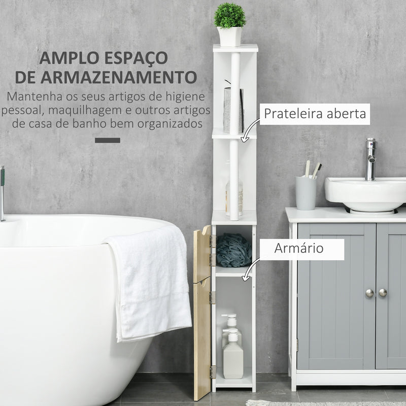 Armário Casa de Banho com 2 Portas e 2 Prateleiras Abertas Coluna Auxiliar para Casa de Banho Sala de Estar Dormitório Estilo Moderno 15,2x29,8x118cm Branco e Carvalho