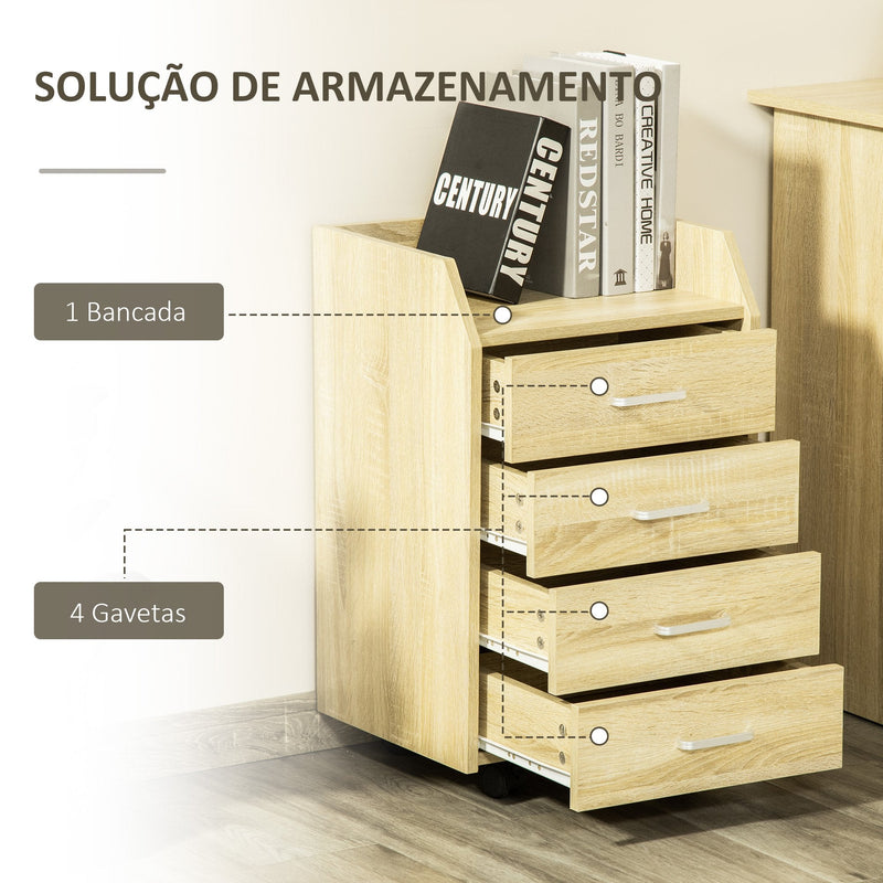 Bloco de Gavetas Móvel Auxiliar com 4 Gavetas Bancada Superior de Armazenamento 4 Rodas e 2 Freios para Estúdio Escritório 40x36x65cm Carvalho