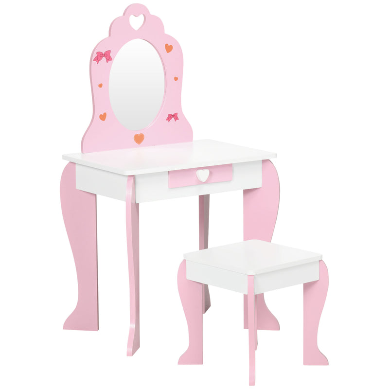 Toucador Infantil com Banco e Espelho Toucador Infantil de Madeira com Gaveta Mesa de Maquilhagem para Crianças entre 3-6 Anos 50x36,5x89,5cm Rosa