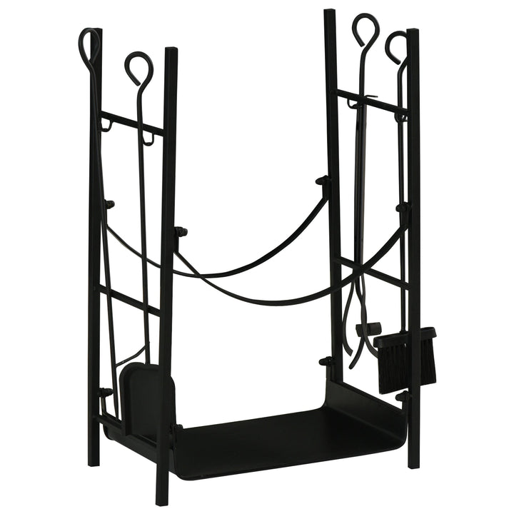 Suporte para Lenha de 2 Níveis Porta Lenha Exterior e Interior Metálico com 4 Ferramentas para Lareira Carga Máx. 70kg 44,5x29,x73 cm Preto